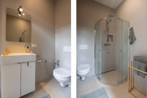 2 fotografías de un baño con ducha y aseo en Cosy Dutch Delight Apartment, en Santpoort-Zuid