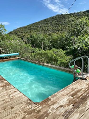 un homme dans une piscine avec une colline en arrière-plan dans l'établissement L’escapade, coeur de la nature, à Saint-Hippolyte-du-Fort
