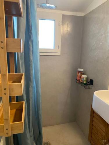 une salle de bain avec un lavabo et un rideau de douche dans l'établissement L’escapade, coeur de la nature, à Saint-Hippolyte-du-Fort