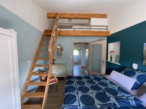 ein Schlafzimmer mit einem Etagenbett und einer Leiter in der Unterkunft Villa Kronsteert in Dahme