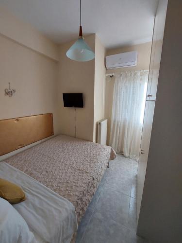 a small bedroom with a bed and a television at Platanidia Apartment Pelion in Platanidia