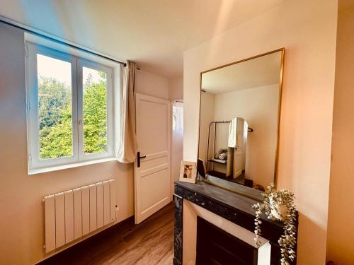 un salon avec une cheminée et un miroir dans l'établissement Pomme d'api - 319, à Rouen