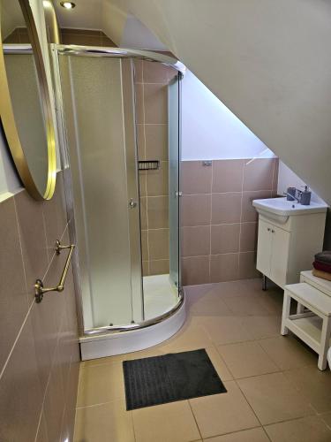 une salle de bain avec douche et lavabo dans l'établissement Ķērpji, à Ulmale