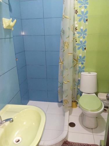 ein Badezimmer mit grünem WC und Waschbecken in der Unterkunft Hospedaje Educol in Moyobamba