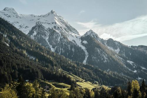 a snow covered mountain with a valley in front of it at Brückenhof in Finkenberg