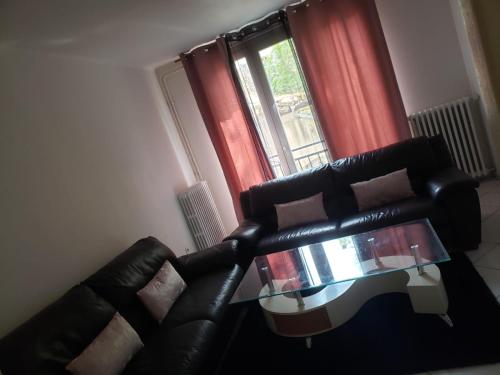 - un salon avec un canapé noir et une table en verre dans l'établissement Maison meublée avec garage, à Pamiers