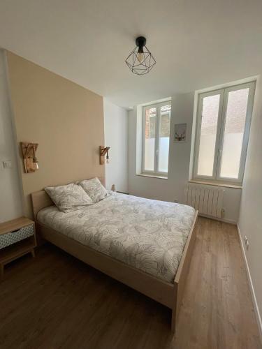 une chambre avec un lit et deux fenêtres dans l'établissement Appartement en centre ville, à Cosne Cours sur Loire