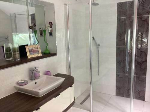 a bathroom with a shower and a sink at Ladang lodge in Saint Ives