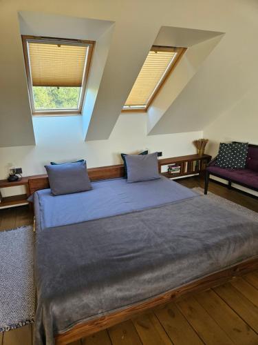 Ķērpji في Ulmale: سرير كبير في غرفة بها نافذتين