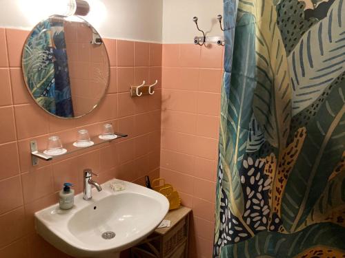 a bathroom with a sink and a mirror and a shower at Casa Bauxells in Sahorre
