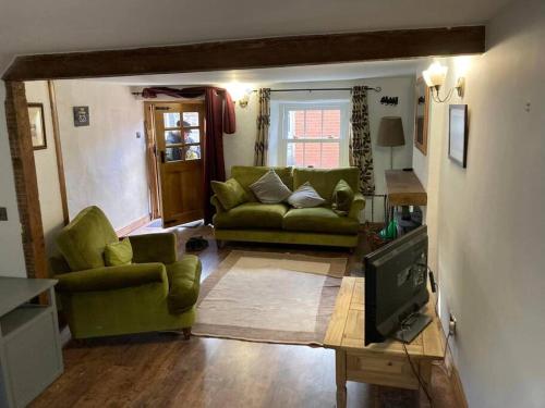 a living room with a green couch and a television at Mill Cottage, Upper Hulme in Upper Hulme