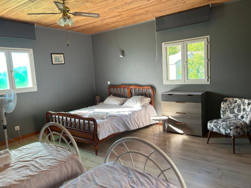 a bedroom with two beds and a ceiling fan at Maison 9 couchages avec piscine et jardin au calme in Barbaggio