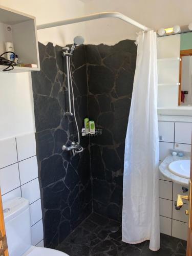 a bathroom with a shower and a sink at CasitaCalera in Calera