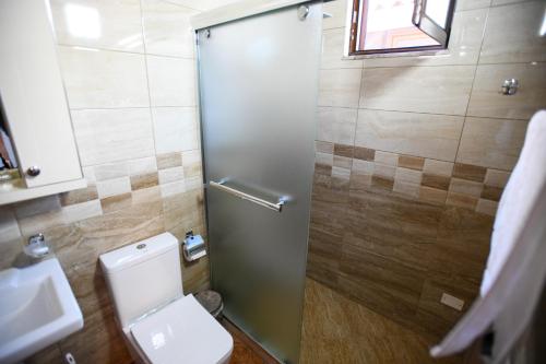 a bathroom with a toilet and a shower stall at Rezidenca Aurel Center in Berat