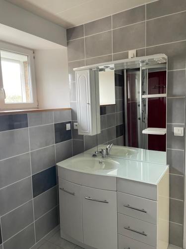 une salle de bain avec un lavabo blanc et un miroir dans l'établissement Le gîte de barville, à Montfarville