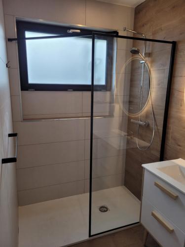 a shower with a glass door in a bathroom at Gite EUGENIE dans les remparts in Dun-sur-Meuse