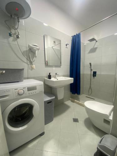 a bathroom with a washing machine and a sink at guesthouse apartments in Tirana