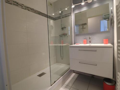 une salle de bain avec une douche, un lavabo et un miroir dans l'établissement Appartement 50m² avec terrasse 30m² et vue sur mer à Sète, pour 4 personnes - FR-1-472A-240, à Sète