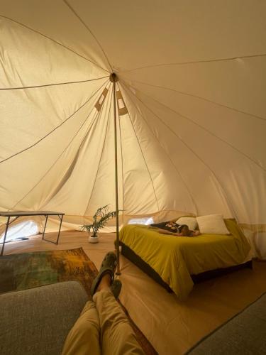 a person laying on a bed in a tent at New Yurt City in Lake Los Angeles