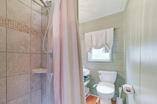 a bathroom with a toilet and a shower at Roscommon Cabin Less Than Half-Mi to Higgins Lake! in Roscommon