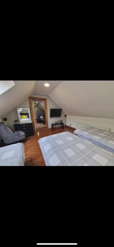 a large bedroom with two beds and a television at Woodland lodge, apartment in Derry Londonderry
