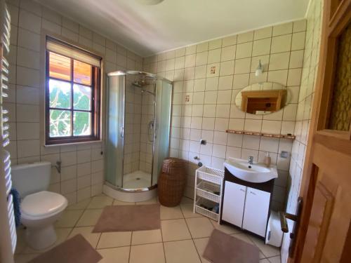 a bathroom with a shower toilet and a sink at Ostoja nad Bugiem in Janów Podlaski