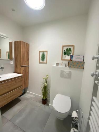 une salle de bain blanche avec des toilettes et un lavabo dans l'établissement Maison proche du centre Pornic, à Pornic