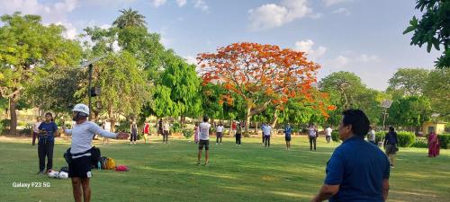 eine Gruppe von Menschen in einem Park, die Drachen fliegen in der Unterkunft The Lodge B&B in Jaipur