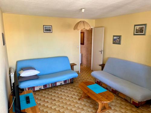 un salon avec un canapé bleu et une table dans l'établissement C19 Saint Martin, au Cap d'Agde