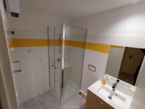a bathroom with a shower and a sink at Arriu Mage 105 in Bielle