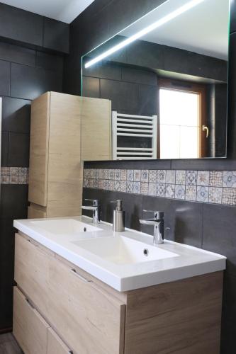 a bathroom with a white sink and a mirror at Gite d'ALTONA in Coyolles