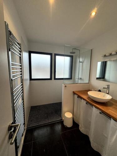 une salle de bain avec un lavabo, des toilettes et un miroir dans l'établissement Maison contemporaine Socoa, à Urrugne