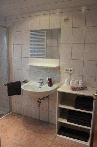 La salle de bains est pourvue d'un lavabo et d'un miroir. dans l'établissement Ferienwohnung Hinterpommern - Chiemgaukarte, à Inzell