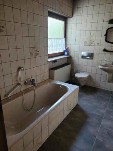 a bathroom with a bath tub and a toilet at Am Zimmerkopf in Hermersberg