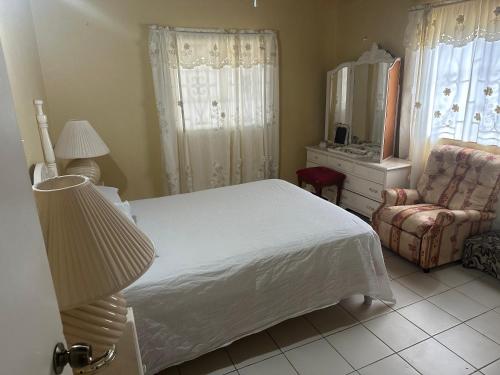 聖瑪麗的住宿－Seaview Villa，一间卧室配有一张床、一把椅子和镜子