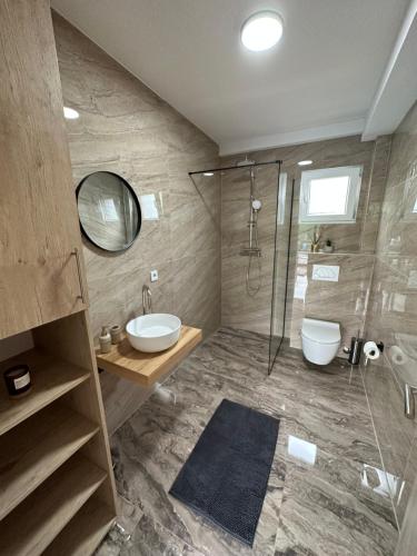 a bathroom with a shower and a sink and a mirror at Terra Solis Bihać Villa 1 in Bihać