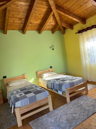 two beds in a room with green walls and wooden ceilings at Hani i Leks Agroturizem in Lezhë