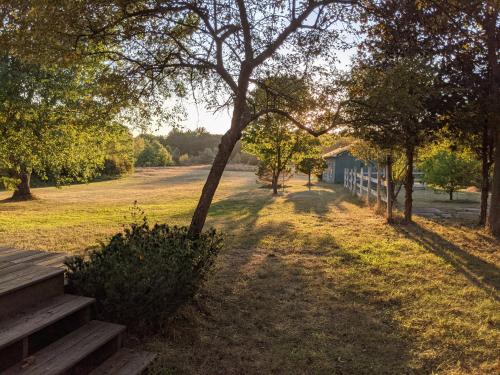 a wooden bench in a field with a fence and trees at Ancient Oak Sanctuary Rural getaway, walking paths in Grand Junction