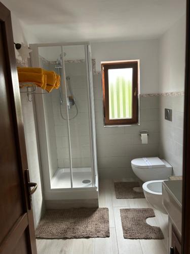 a bathroom with a shower and a toilet and a sink at Hani i Leks Agroturizem in Lezhë