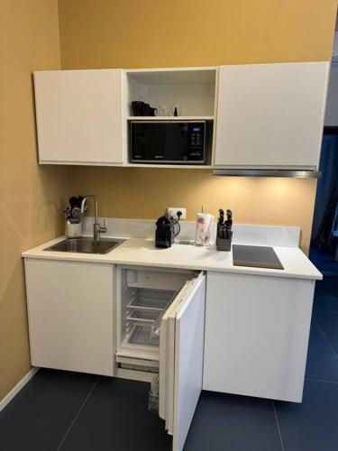 a white kitchen with a sink and a microwave at Vicolo Muratori 1 in Moncalieri
