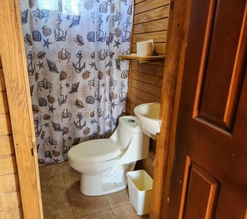 uma casa de banho com um WC e um lavatório em TortugaBay em Puerto Viejo