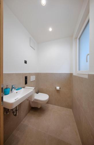 a bathroom with a sink and a toilet at Appartement-Hotel Anthea in Tirolo