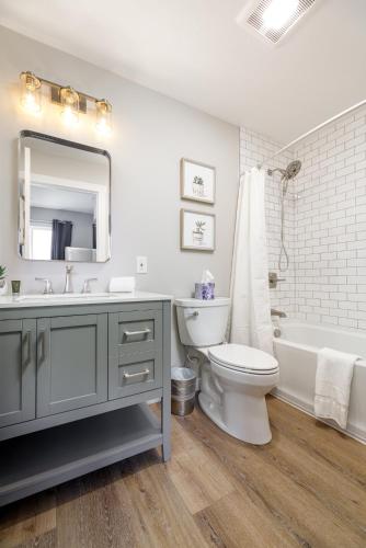 a bathroom with a sink toilet and a mirror at Downtown Newly Remodeled Apartment AC Beach Restaurants Breweries Nightlife in Traverse City