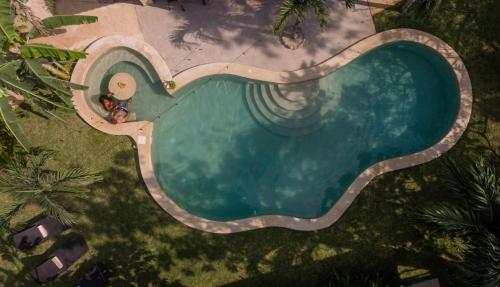 uma vista superior de uma piscina com duas pessoas nela em Casa Cactus Buenavista em Bacalar