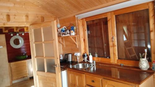 a kitchen with a sink in a wooden cabin at Betula Izerska in Przecznica
