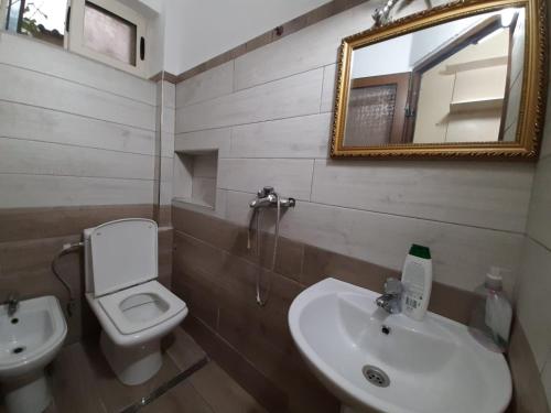 a bathroom with a sink and a toilet and a mirror at Lovely appartament,1-D in Tirana
