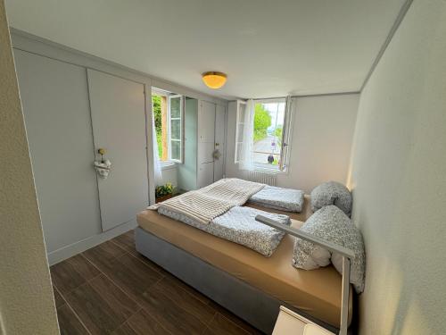 ein kleines Schlafzimmer mit einem Bett und einem Fenster in der Unterkunft 2 Rooms with kitchen by Interlaken in Därligen
