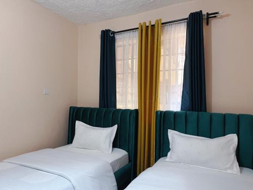 two beds sitting next to a window in a room at Two bedroom Paradise Apartment Embu in Embu
