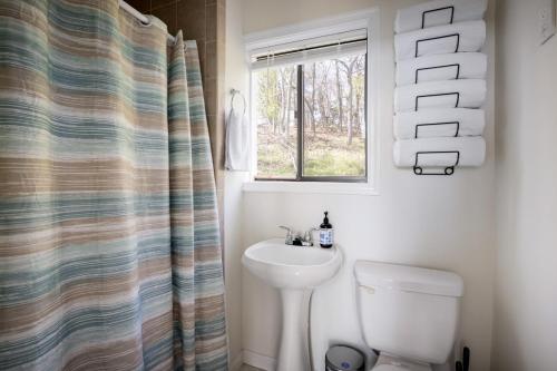 een badkamer met een wastafel, een toilet en een raam bij Chalet w Stunning Views Hot Tub Fire Pit & WiFi 
