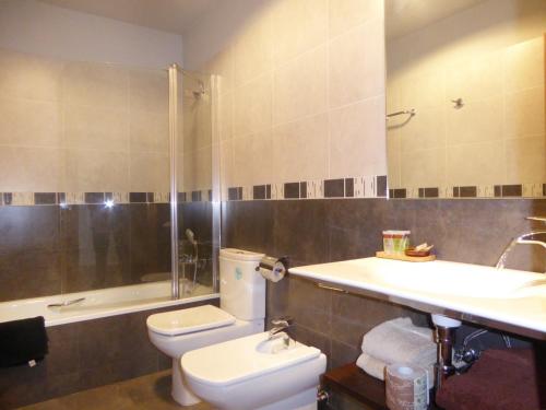 a bathroom with a toilet and a sink and a shower at Hotel Jauregi Borda in Maya del Baztán